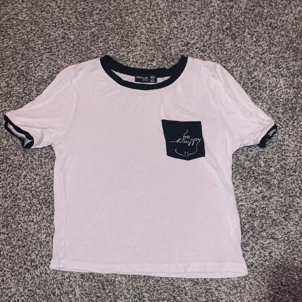white “be happy” crop top